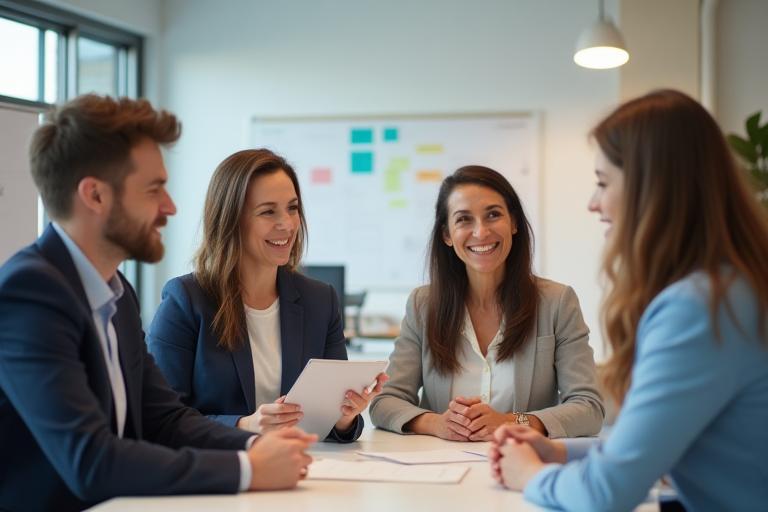 Karriere Fokus team diskuterer karrierestrategier på kontoret